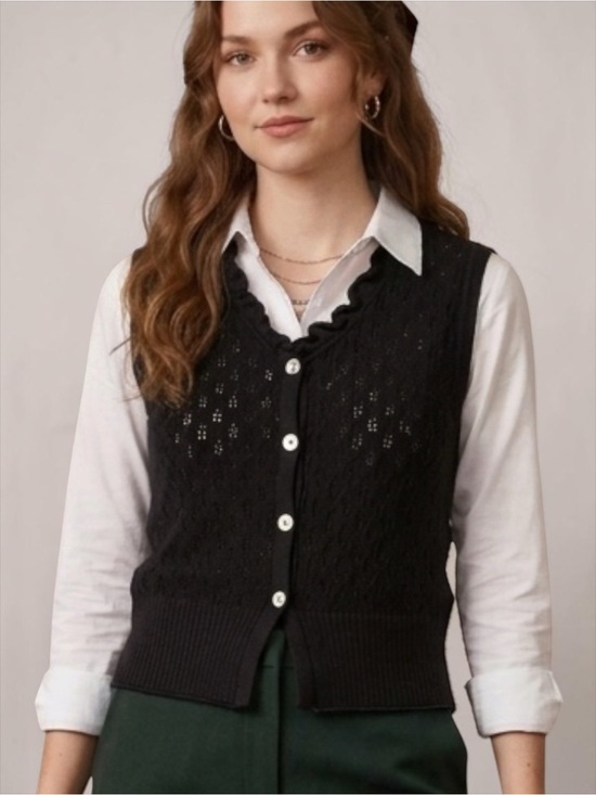 Willow Sweaters - Vintage 90s Willow Black Cotton Pointelle Knit Sweater Vest Dark Academia S NWT